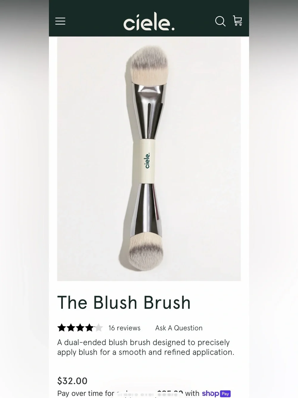 NIB Ciele The Blush Brush - Double Ended Synthetic for Cream and Powder
